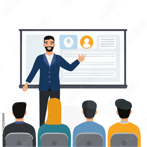 A man presents to an audience, gesturing confidently. A screen displays a profile icon. Business presentation, public speaking, and leadership concept.