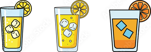 Set of refreshing citrus drinks like lemonade and orange juice in glasses with ice