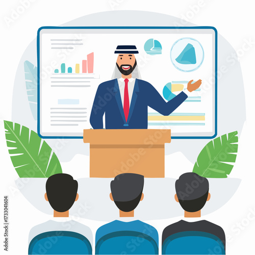 A man presents to an audience, gesturing confidently. A screen displays a profile icon. Business presentation, public speaking, and leadership concept.