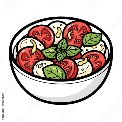 Cartoon Illustration of Caprese Salad Bowl with Bold Black Outline on White Background