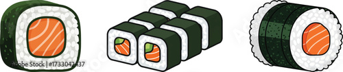 Illustrated set of classic salmon maki sushi rolls for a Japanese cuisine concept