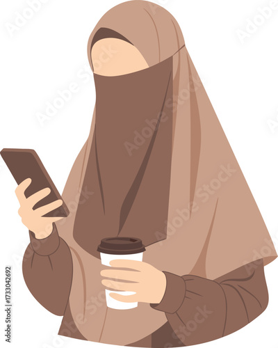 Muslim woman in brown niqab and khimar, holding a smartphone and takeaway coffee cup, representing modern lifestyle and modest fashion