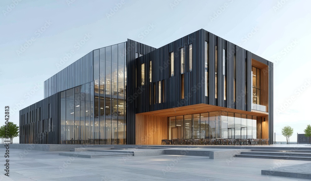 Obraz premium A modern office building with glass and black facade showcasing contemporary architecture and open space design.