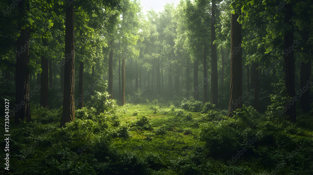 Fototapeta premium A dense forest with tall trees and lush green foliage illuminated by sunlight filtering through the canopy