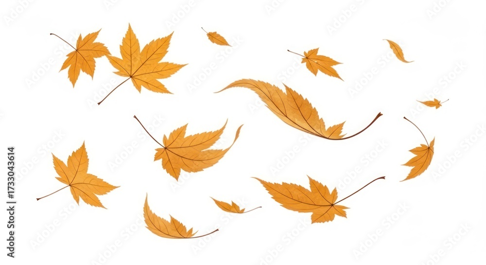 Obraz premium Dynamic arrangement of golden and autumn leaves falling and scattering against a clean white background, perfect for seasonal designs.