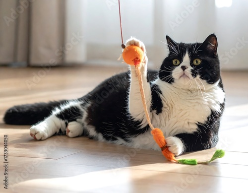 Black and white cat playing with a toy (1)