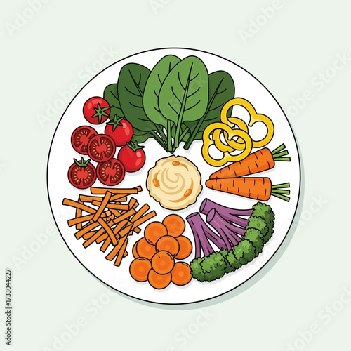 Salad vector illustration. Cartoon isolated top view of round plate with healthy fresh vegetables slices and eggs, croutons or chicken meat pieces, cooked salad in bowl for restaurant or home menu
