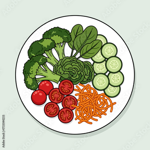 Salad vector illustration. Cartoon isolated top view of round plate with healthy fresh vegetables slices and eggs, croutons or chicken meat pieces, cooked salad in bowl for restaurant or home menu