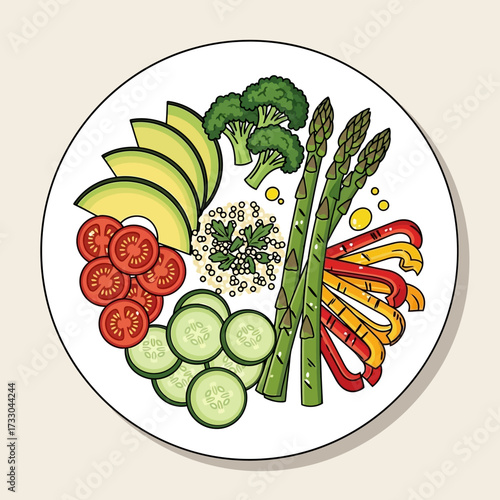 Salad vector illustration. Cartoon isolated top view of round plate with healthy fresh vegetables slices and eggs, croutons or chicken meat pieces, cooked salad in bowl for restaurant or home menu