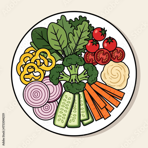Salad vector illustration. Cartoon isolated top view of round plate with healthy fresh vegetables slices and eggs, croutons or chicken meat pieces, cooked salad in bowl for restaurant or home menu