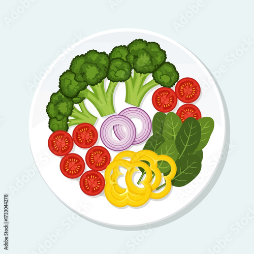 Salad vector illustration. Cartoon isolated top view of round plate with healthy fresh vegetables slices and eggs, croutons or chicken meat pieces, cooked salad in bowl for restaurant or home menu