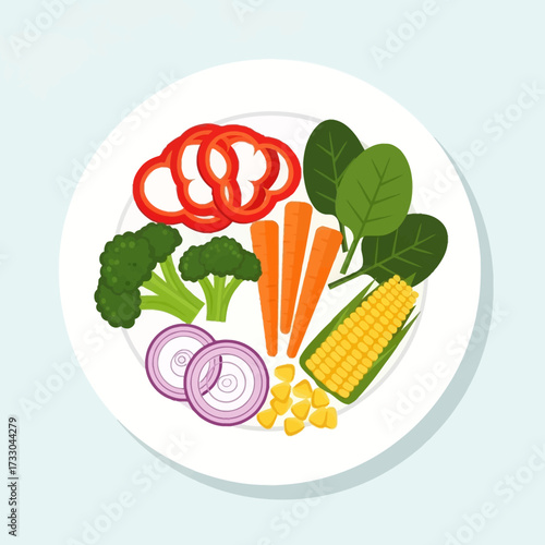 Salad vector illustration. Cartoon isolated top view of round plate with healthy fresh vegetables slices and eggs, croutons or chicken meat pieces, cooked salad in bowl for restaurant or home menu