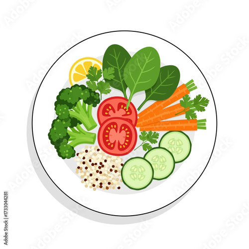Salad vector illustration. Cartoon isolated top view of round plate with healthy fresh vegetables slices and eggs, croutons or chicken meat pieces, cooked salad in bowl for restaurant or home menu