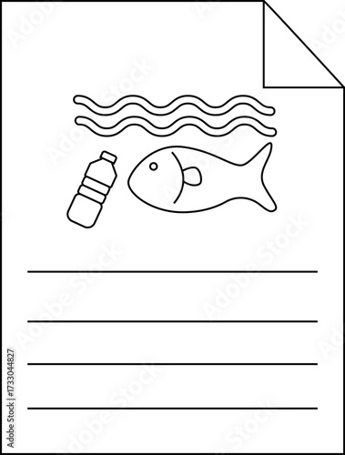 line sketch of paper icon and trash icon in the sea