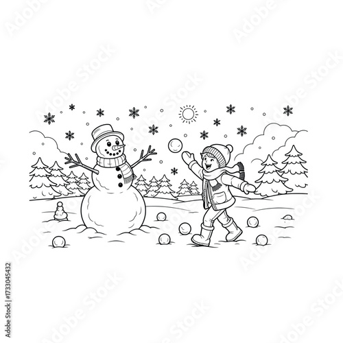Cartoon children playing in the snow with a snowman, having fun during the winter holiday season. coloring book
