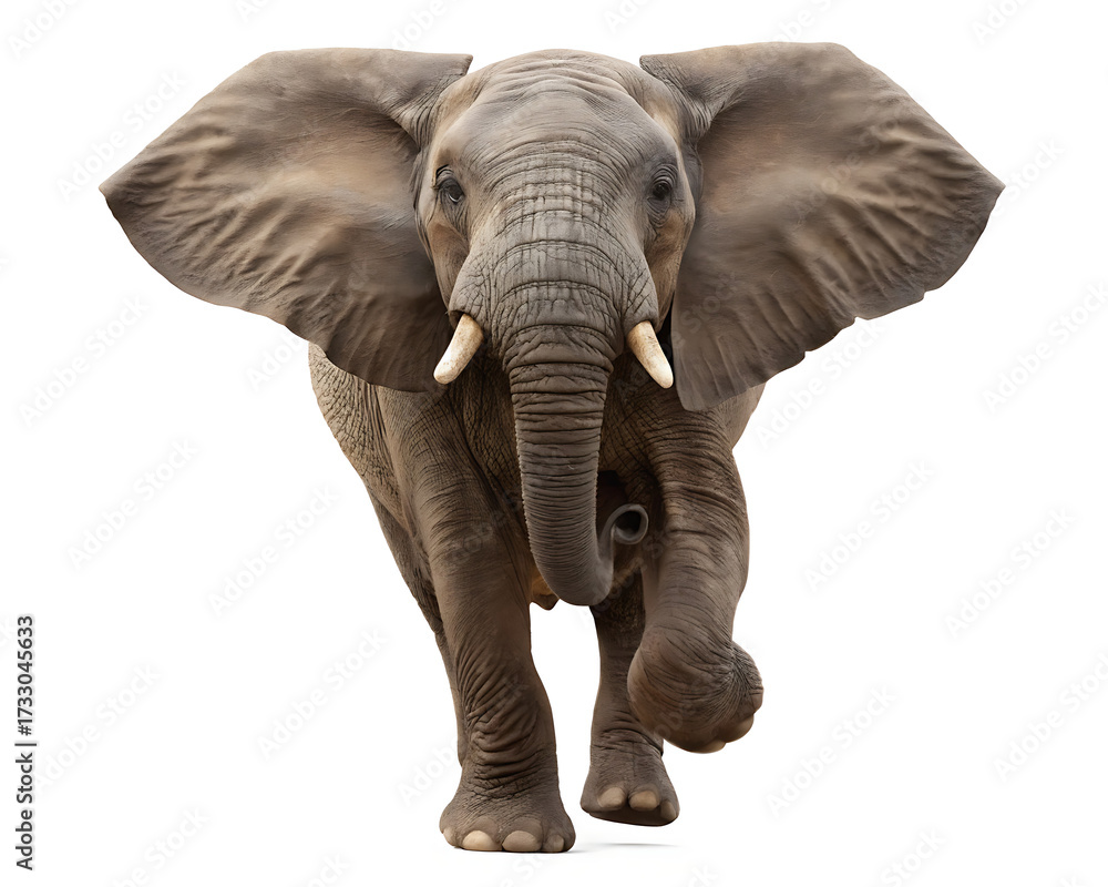 Obraz premium A frontal view of an african elephant with large ears spread out against a white background space