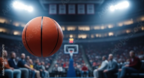 Close-up of a vibrant basketball floating in mid- against a blurred professional arena backdrop with bright spotlights and a lively crowd.
