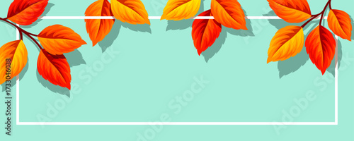 Autumn banner with red and orange fall leaves on a blue background. Vector autumn banner or header design