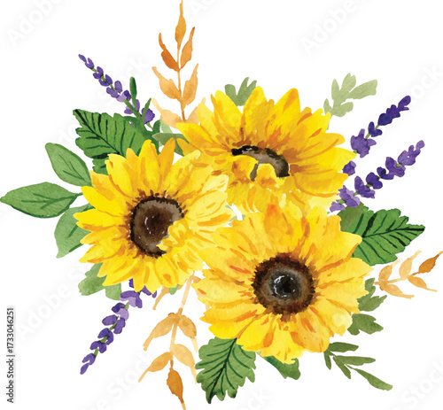 Watercolor sunflower and lavender flower bouquet 