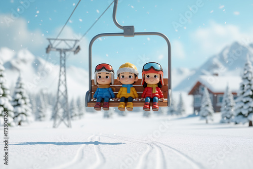 Wallpaper Mural A group of cute cartoon children riding a chairlift at a sunny ski resort. Torontodigital.ca