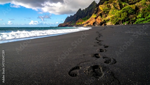 Footprints on black sand beach, dramatic mountains
