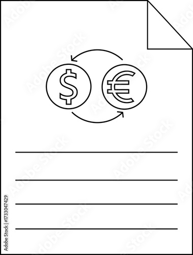 paper icon sketch and dollar to euro coin convert icon