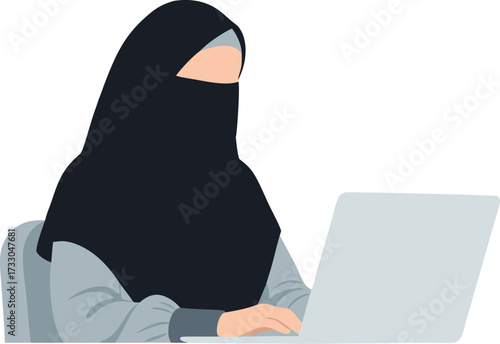 Muslim woman in a black niqab working on a laptop, representing remote work, education, or modern professional lifestyle