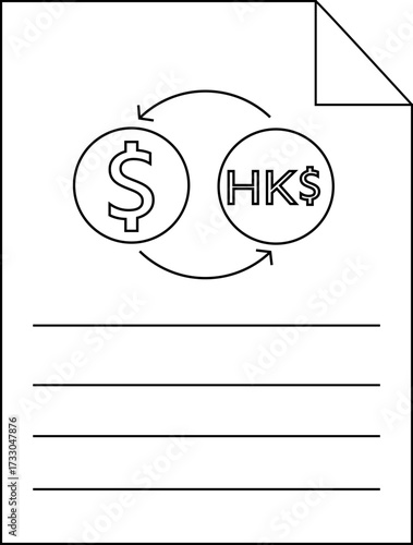 paper icon sketch and icon convert dollar coins to Hong Kong dollar coins