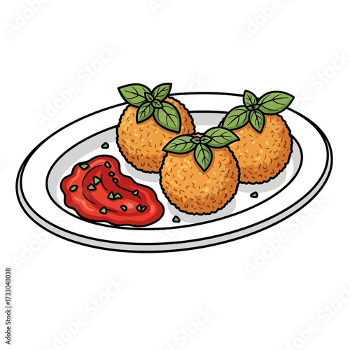 Cartoon Illustration of Arancini Plate with Bold Black Outline on White Background