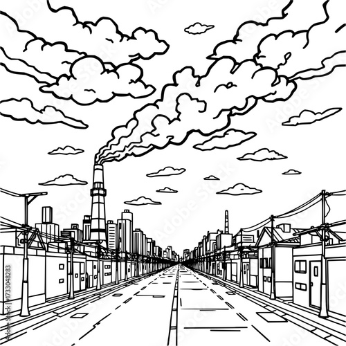 Minimilist line art of a city street with buildings, a smokestack, and clouds filling the sky above the road vector