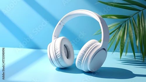 Sleek white headphones on a serene blue backdrop with a hint of nature's charm