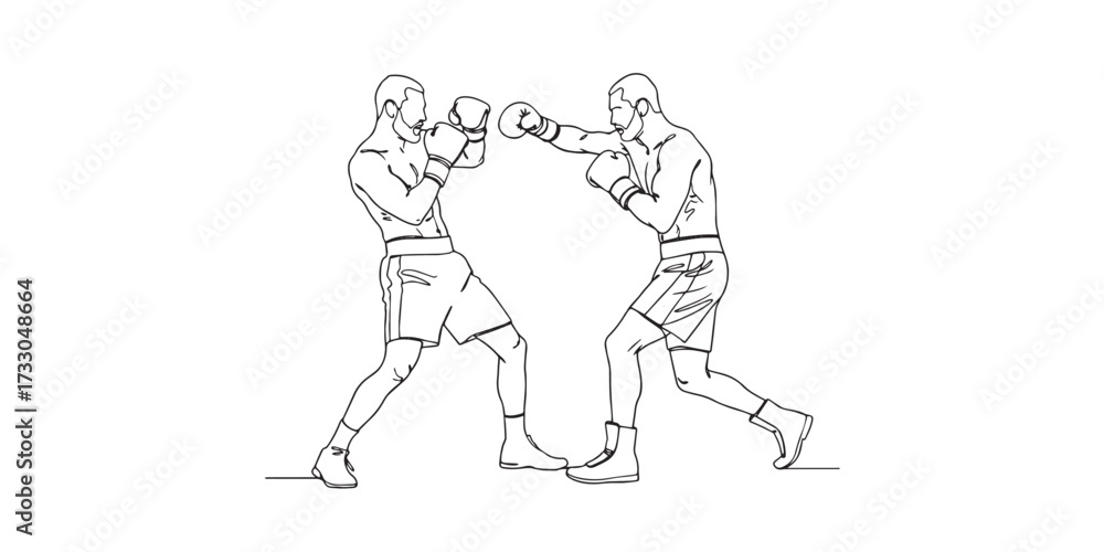 Fototapeta premium Minimalist line art illustration of two boxers sparring in the ring. Simple black and white continuous line drawing representing boxing, combat sports, martial arts, strength, and competitive spirit.