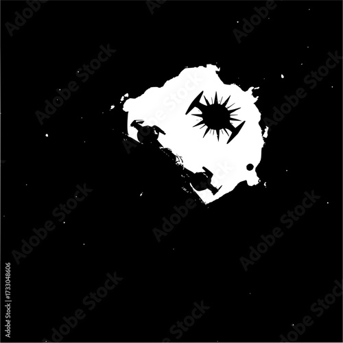 Minimilist silhouette of tie fighters and a central star on a white blot against a black space background vector