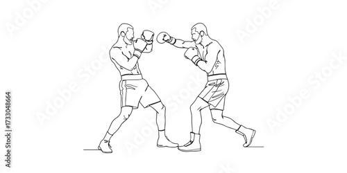 Minimalist line art illustration of two boxers sparring in the ring. Simple black and white continuous line drawing representing boxing, combat sports, martial arts, strength, and competitive spirit.