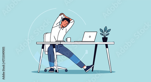 Smiling Man Taking a Break to Do Simple Stretches at His Office Desk for Health and Wellness