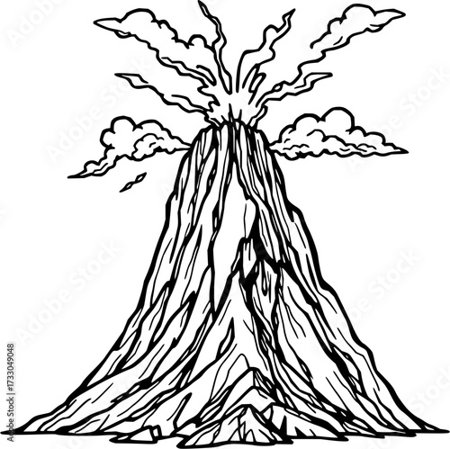 Minimilist a black and white drawing of an erupting volcano with smoke and clouds surrounding the peak area view vector