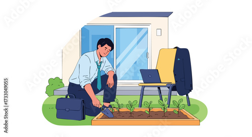 Businessman Taking a Work Break to Tend to Plants in a Small Garden for Work-Life Balance