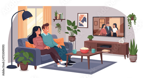 Happy Couple Relaxing on a Sofa and Watching Television in a Cozy Living Room