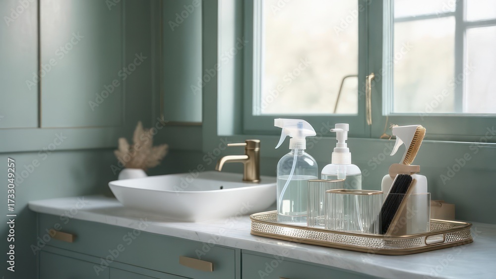 Fototapeta premium Sparkling clean bathroom essentials arranged attractively on a marble countertop, ready for a refreshing spa experience.