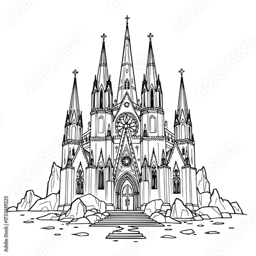 Minimilist detailed line art of a gothic style cathedral with spires crosses and stone base surrounding the structure vector