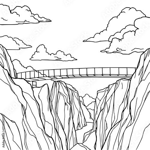 Minimilist illustration of a suspension bridge spanning a deep canyon with clouds in the sky in black and white outline vector
