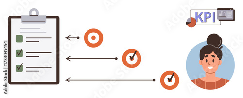 Checklist with checkmarks, arrowed targets, KPI chart, and employee portrait emphasize workflow, performance, and evaluation. Ideal for task management, productivity, goals strategy teamwork