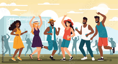 Diverse Group of Friends Joyfully Dancing at an Outdoor Music Festival or Summer Event