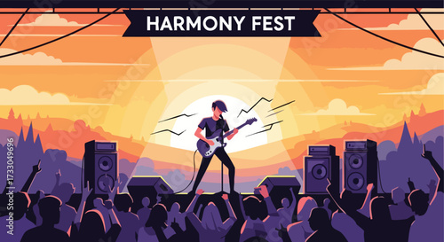 Electric Guitarist Performing Solo on Stage at an Outdoor Festival During a Sunset Concert