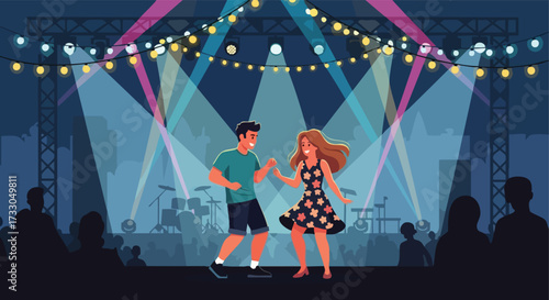 Joyful Couple Dancing Together Under Bright Spotlights at a Nighttime Music Concert