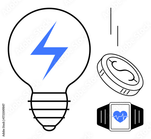 Light bulb with lightning bolt, smartwatch with heart rate monitor, coin symbolizing renewable energy. Ideal for technology, innovation, energy conservation, health monitoring, smart devices