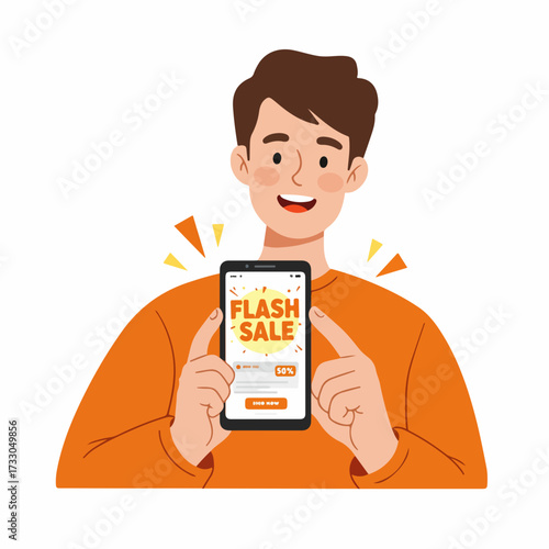 Cheerful Handdrawn Man Holding Smartphone with Flash Sale Promotion Illustration