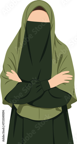 Muslim woman wearing an olive green niqab and abaya, standing with arms crossed, symbolizing confidence, modesty, and empowerment