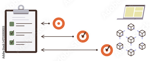 Task clipboard with checkmarks, orange goals, arrows for flow, and interconnected cubes beside a laptop. Ideal for project planning, task tracking, team management, goal setting, collaboration