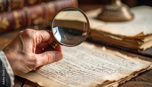 Hand holding magnifying glass over antique book with old documents with research concept.